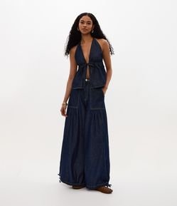 Blusa Frente Única em Jeans com Laço Frontal