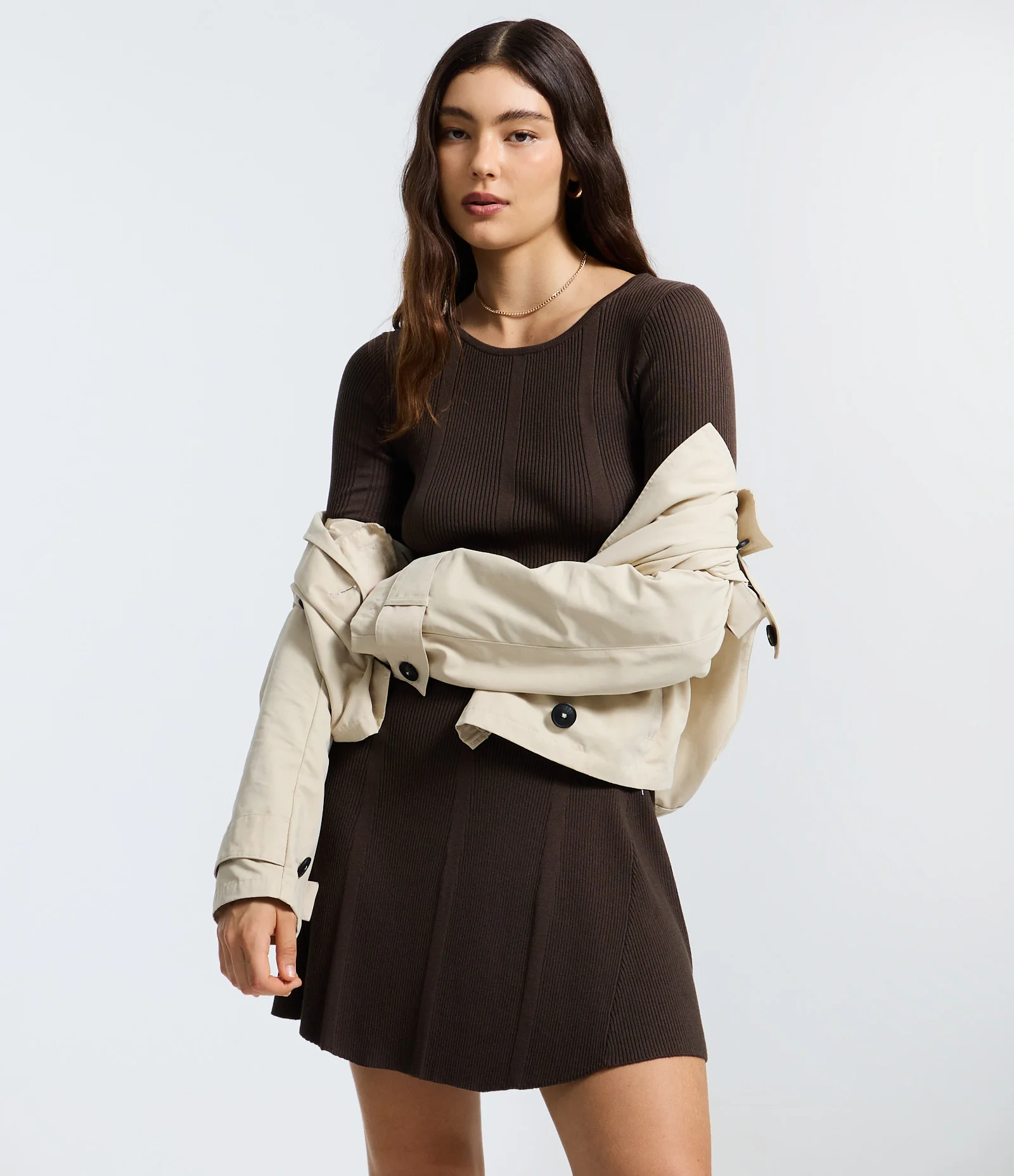 Vestido Skater Manga Longa em Tricô Canelado Marrom 1