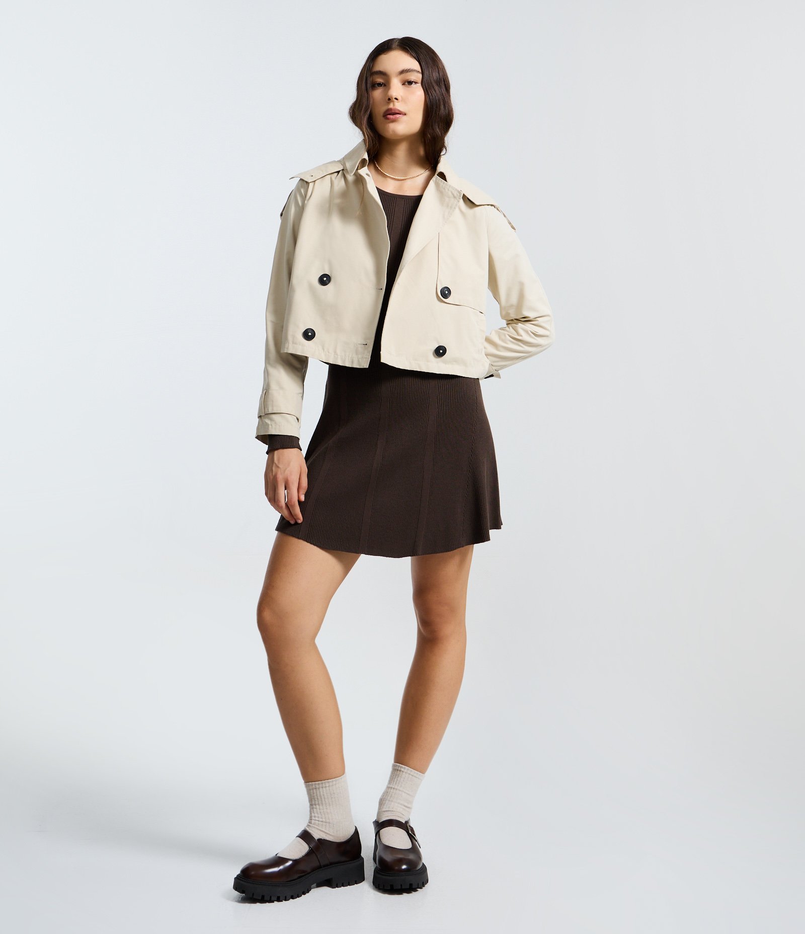 Vestido Skater Manga Longa em Tricô Canelado Marrom 2