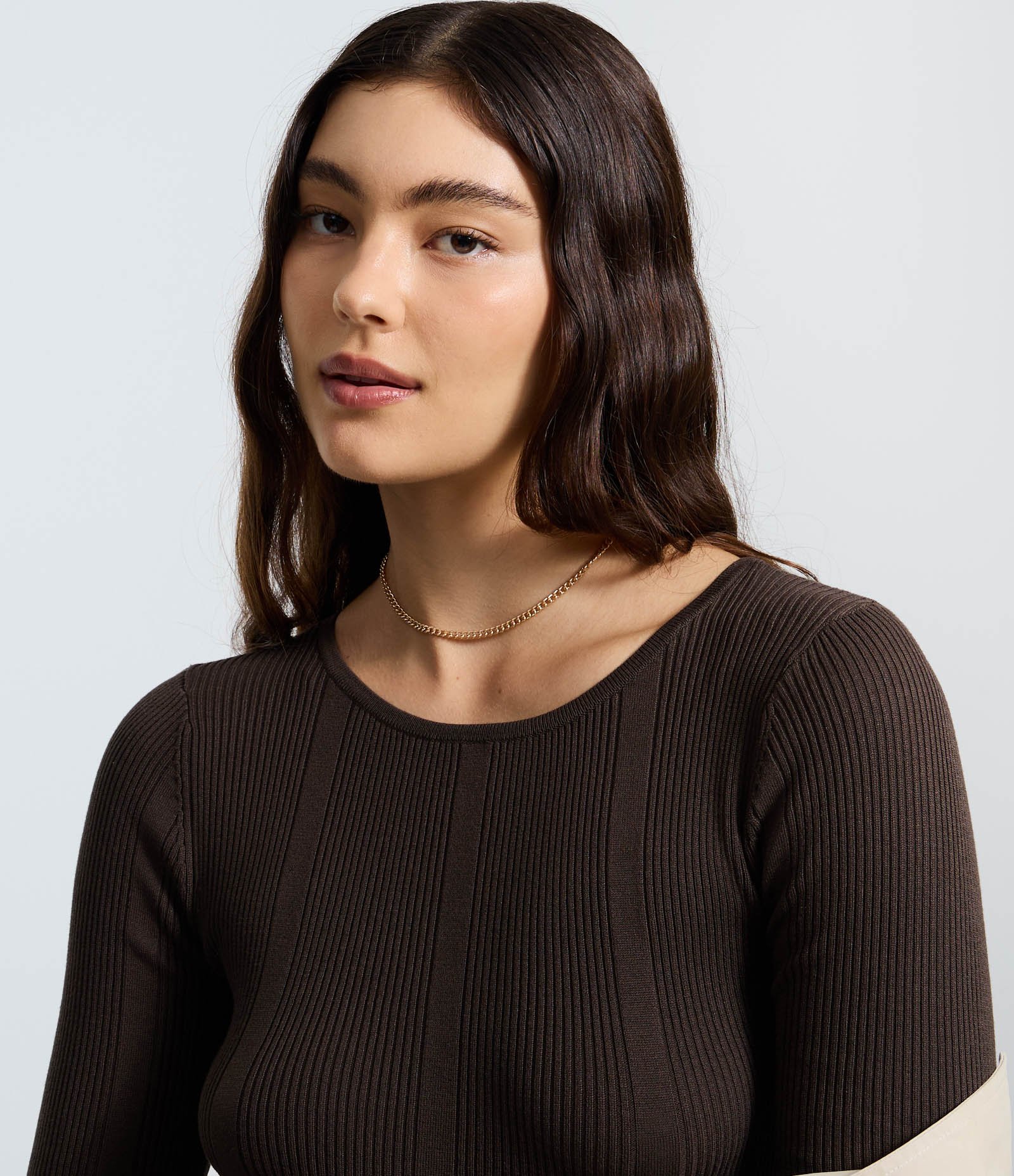 Vestido Skater Manga Longa em Tricô Canelado Marrom 3