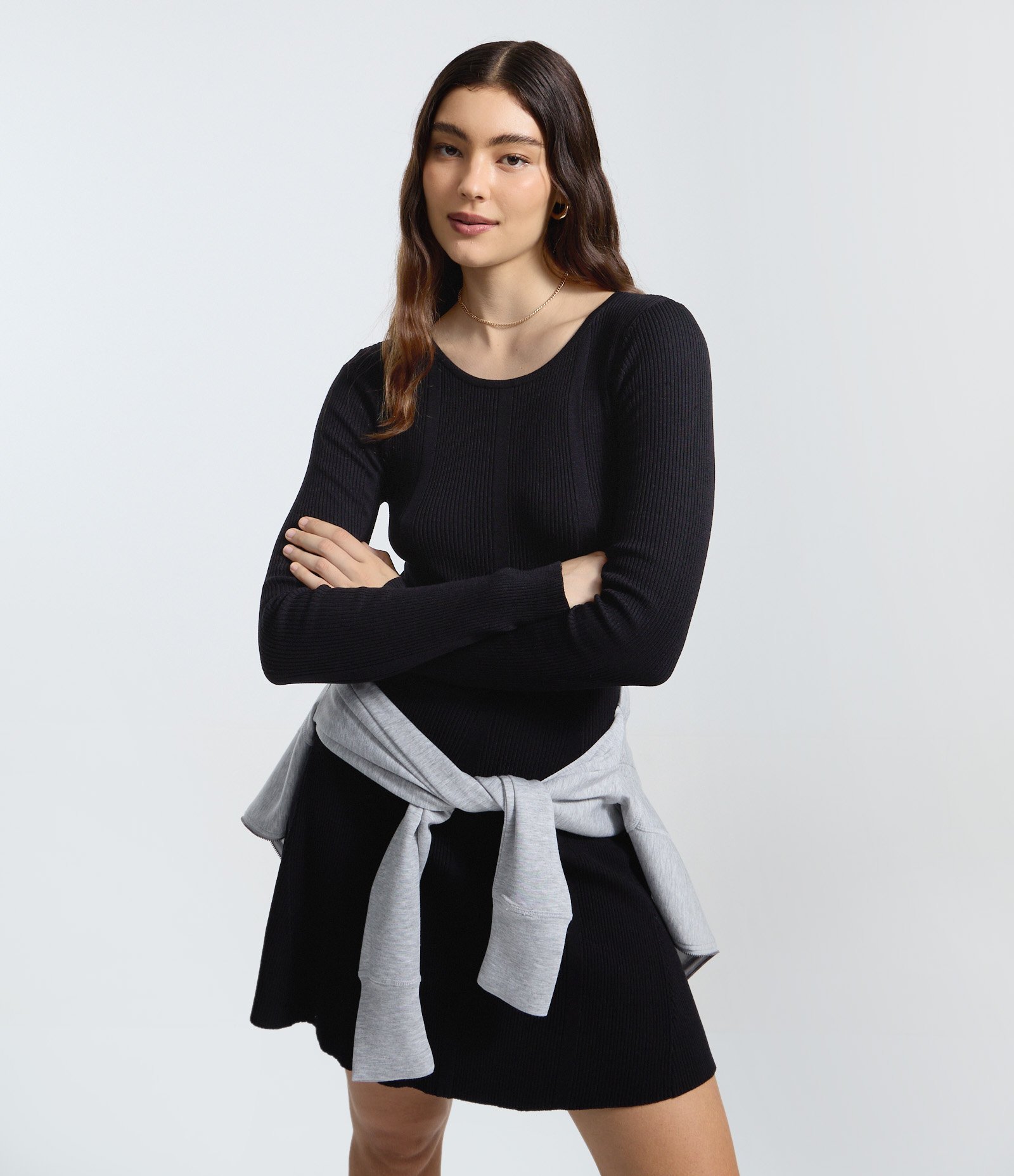 Vestido Skater Manga Longa em Tricô Canelado Preto 1