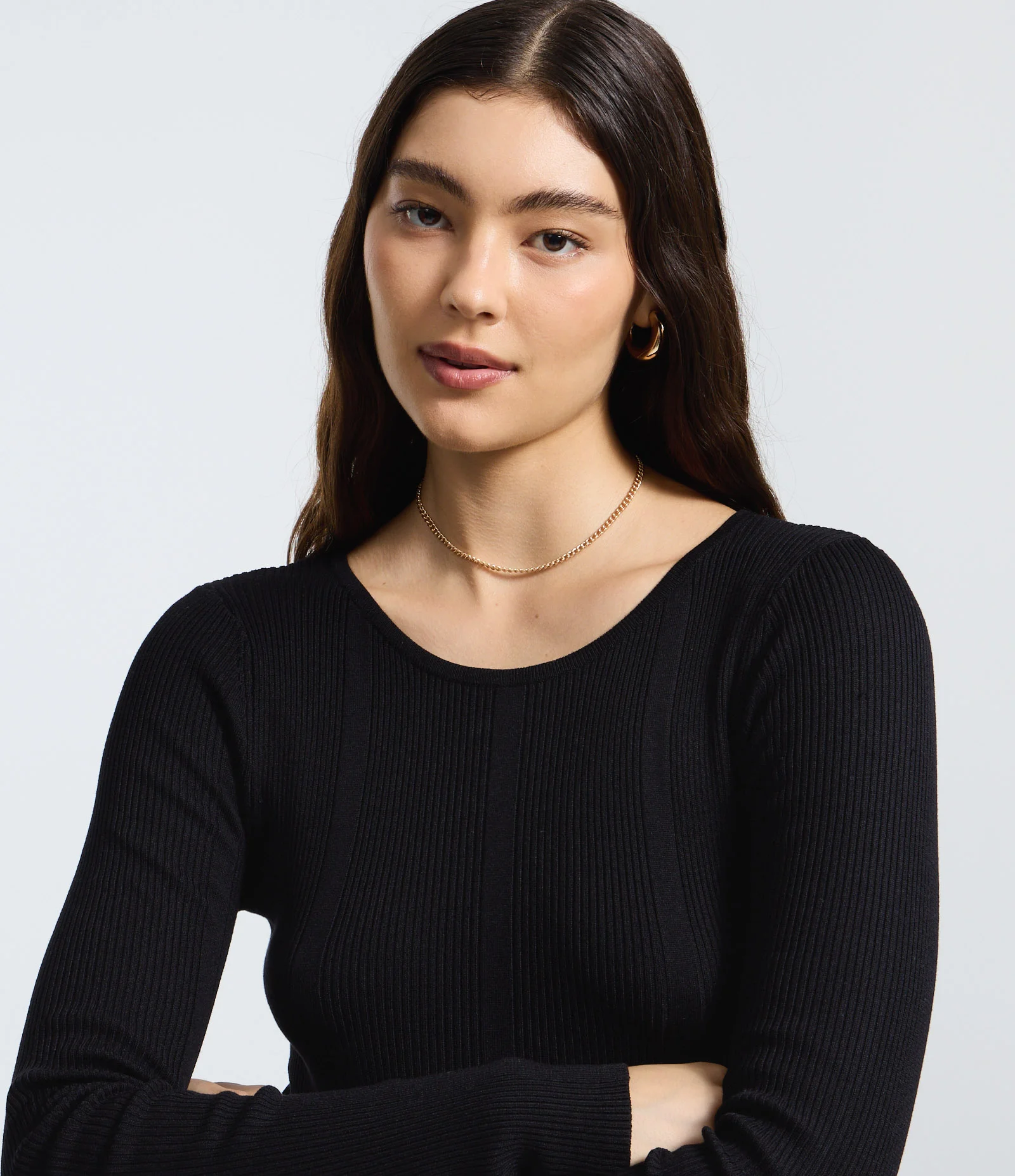 Vestido Skater Manga Longa em Tricô Canelado Preto 3