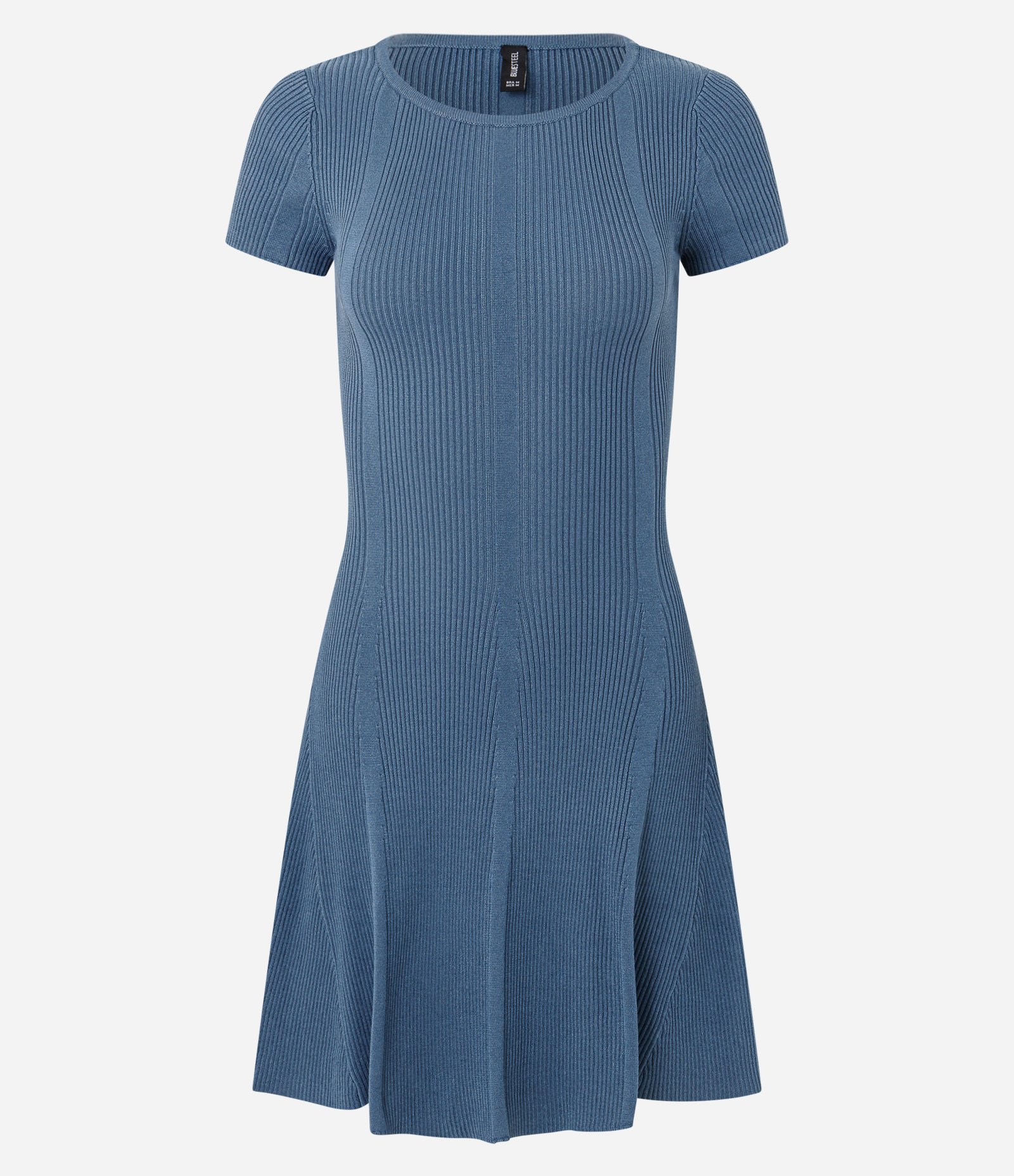 Vestido em Tricô Ajustado com Manga Curta Canelada Azul 5