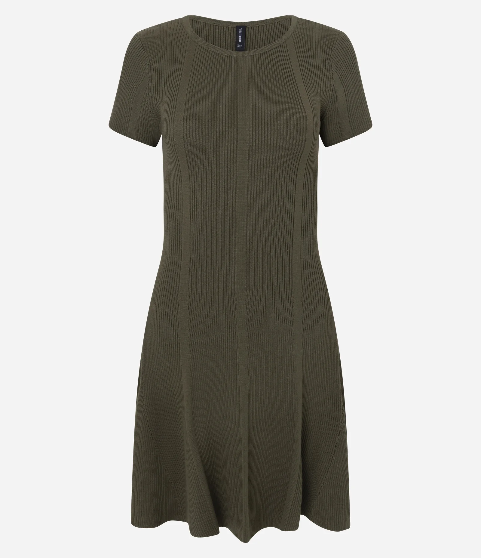 Vestido em Tricô Ajustado com Manga Curta Canelada Verde Musgo 5