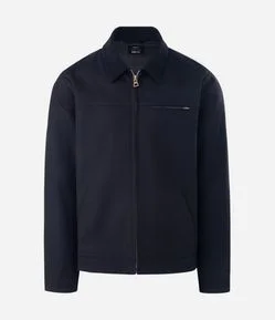 Jaqueta Trucker em Sarja com Gola de Veludo Contrastante e Bolsos