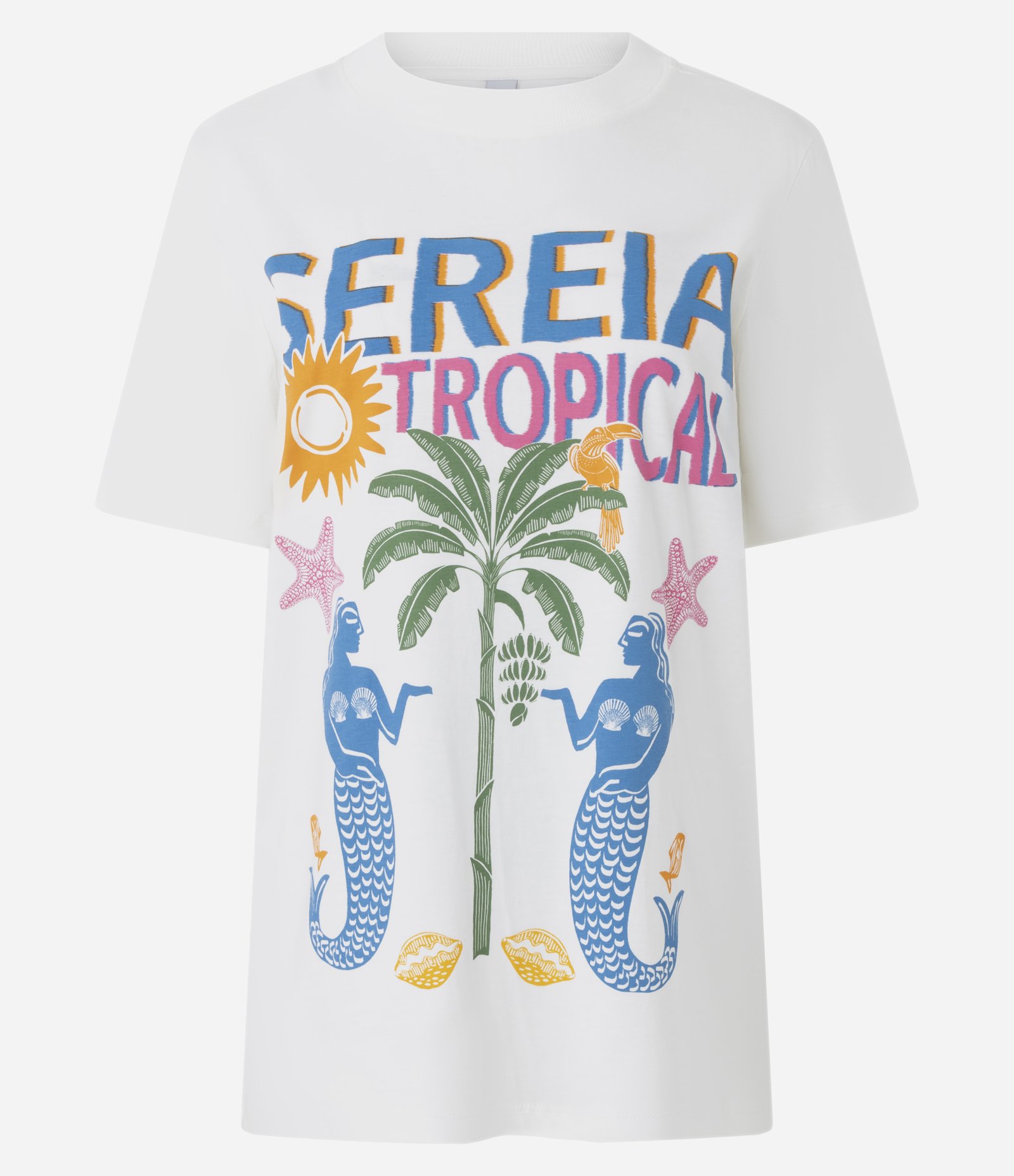Camiseta T-shirt Alongada em Algodão com Estampa Tropical Branco 1