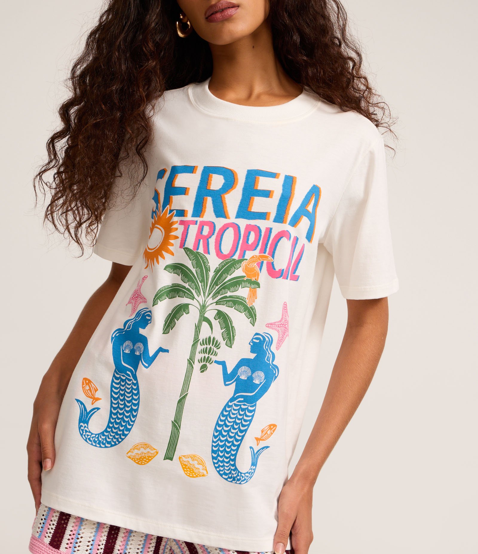 Camiseta Alongada em Algodão com Estampa Tropical Branco 3