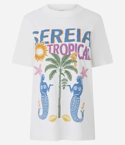 Camiseta T-shirt Alongada em Algodão com Estampa Tropical