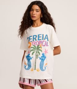 Camiseta T-shirt Alongada em Algodão com Estampa Tropical