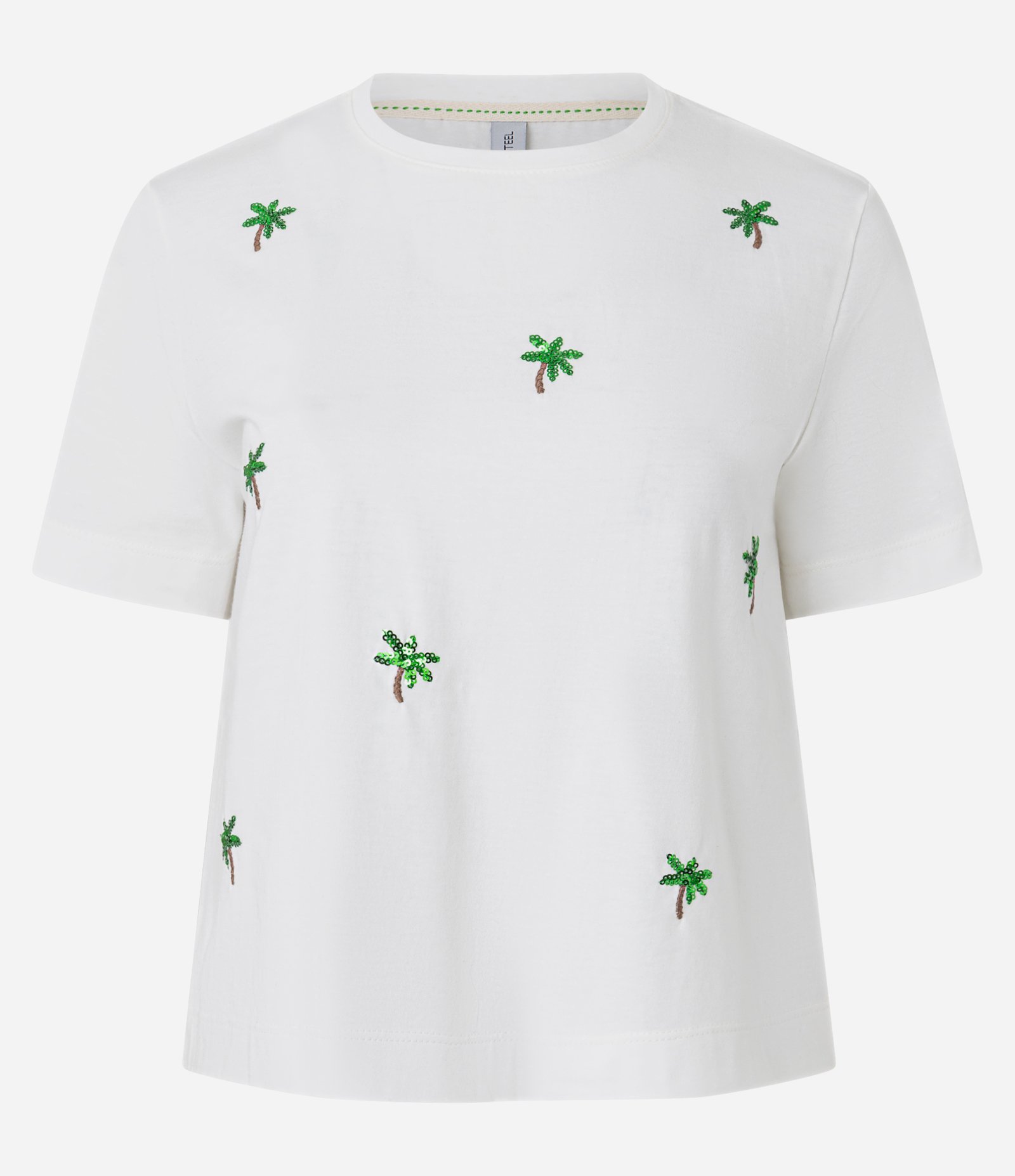 Camiseta em Algodão com Estampa Bordada de Coqueiro em Paetê Branco 4