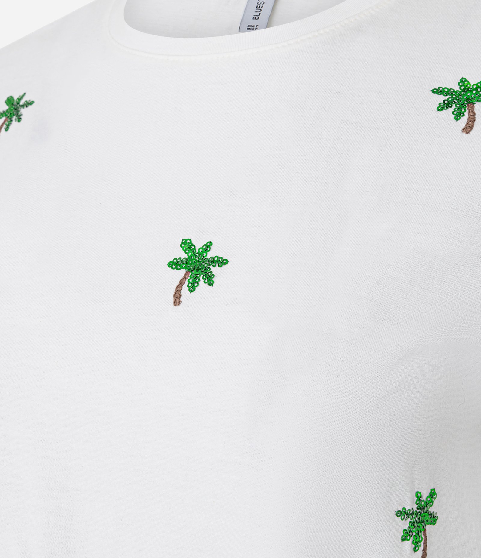 Camiseta em Algodão com Estampa Bordada de Coqueiro em Paetê Branco 5