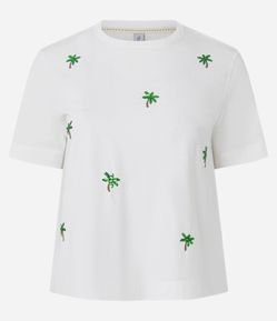 Camiseta em Algodão com Estampa Bordada de Coqueiro em Paetê