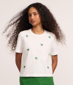 Camiseta em Algodão com Estampa Bordada de Coqueiro em Paetê