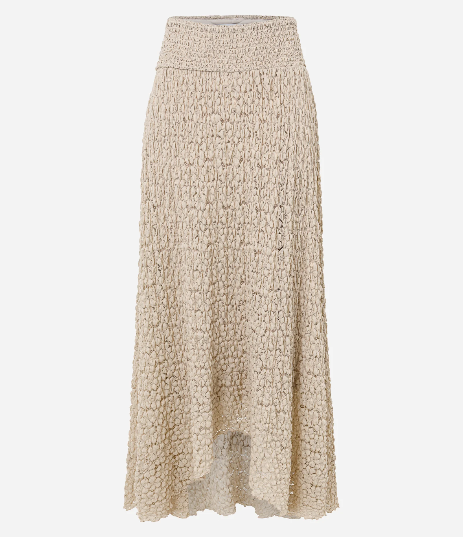 Saia Midi em Renda Texturizada com Barra Assimétrica Bege Claro 4