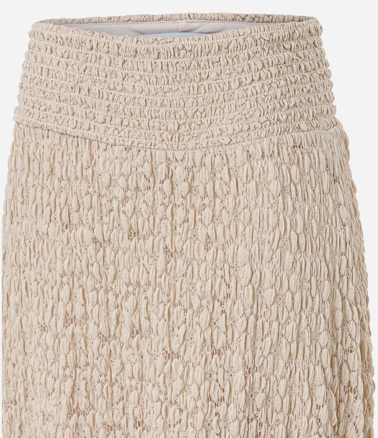 Saia Midi em Renda Texturizada com Barra Assimétrica Bege Claro 5