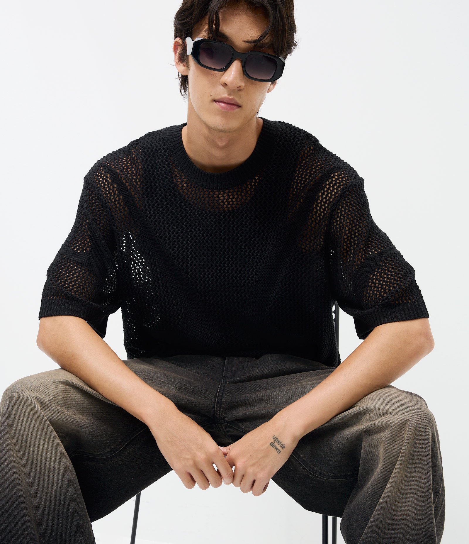 Camiseta Oversized Manga Curta Efeito Tricô e Jacquard com Padrões Preto 1