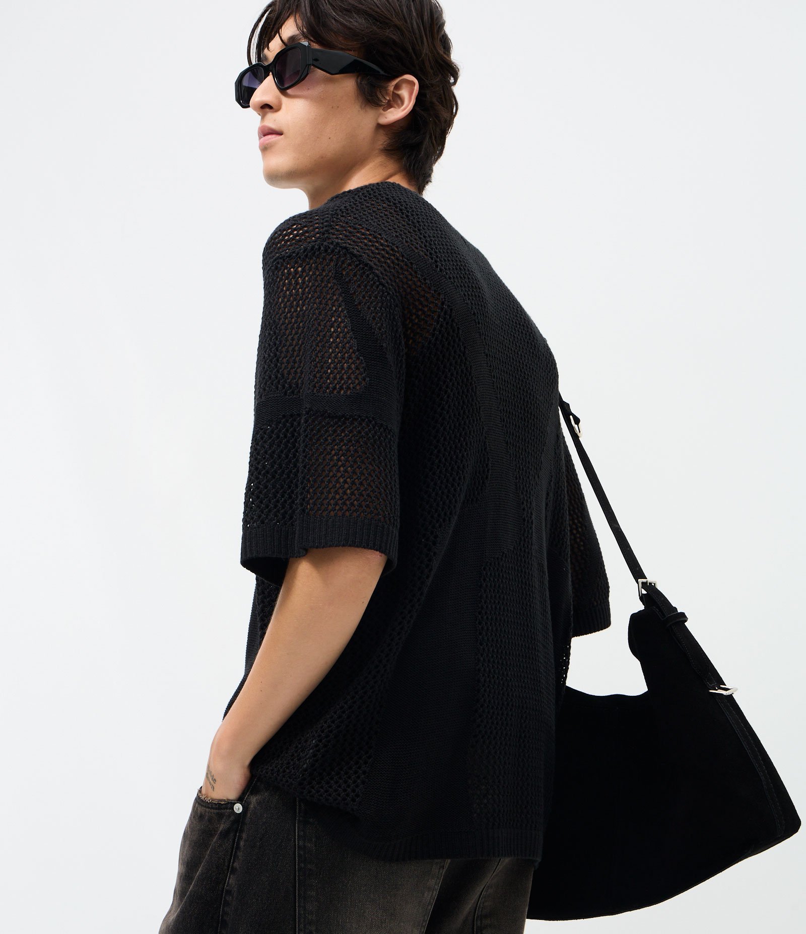 Camiseta Oversized Manga Curta Efeito Tricô e Jacquard com Padrões Preto 3