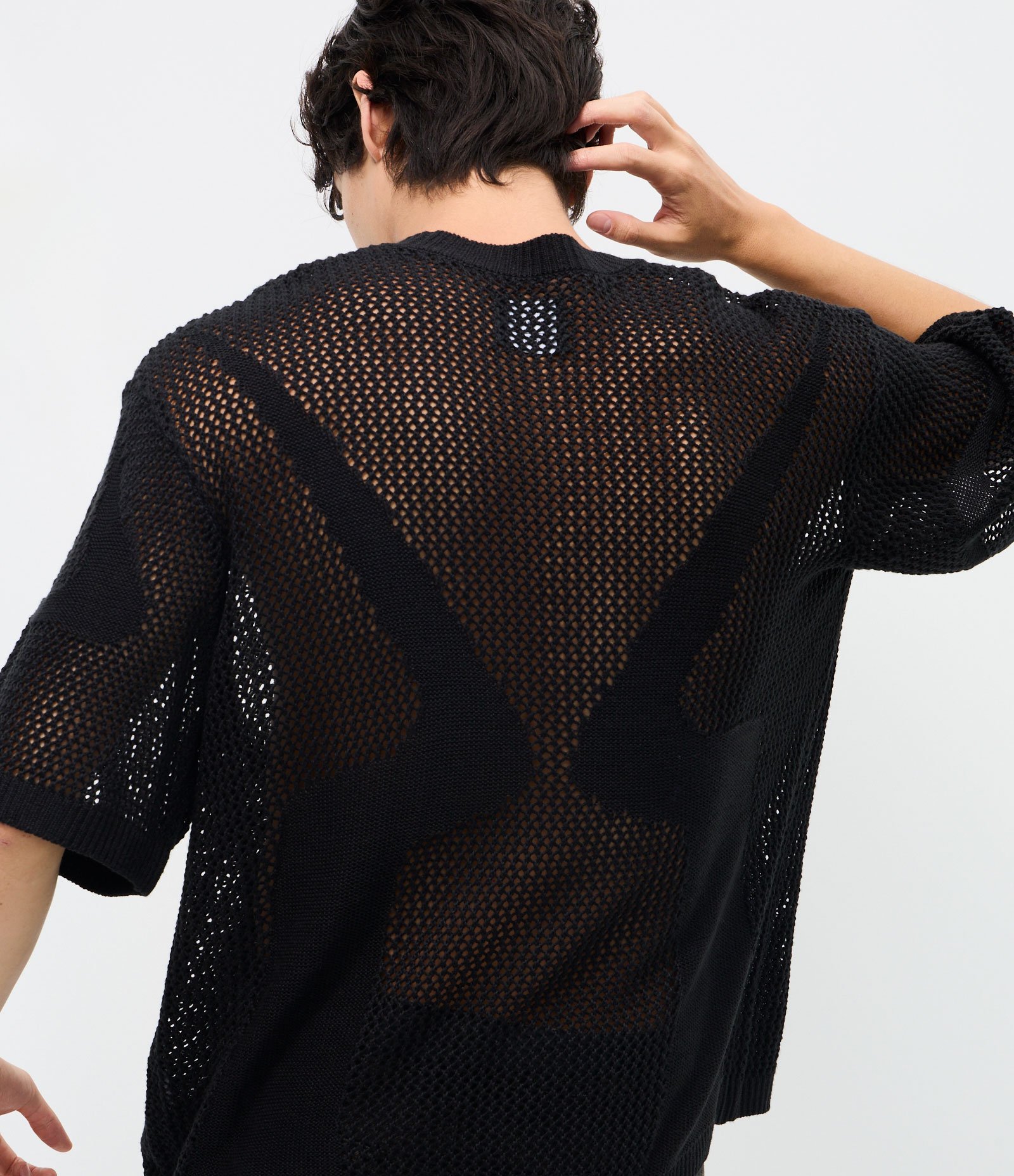 Camiseta Oversized Manga Curta Efeito Tricô e Jacquard com Padrões Preto 4