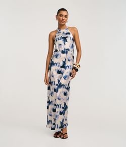Vestido Slip Longo em Cetim com Estampa Abstrata
