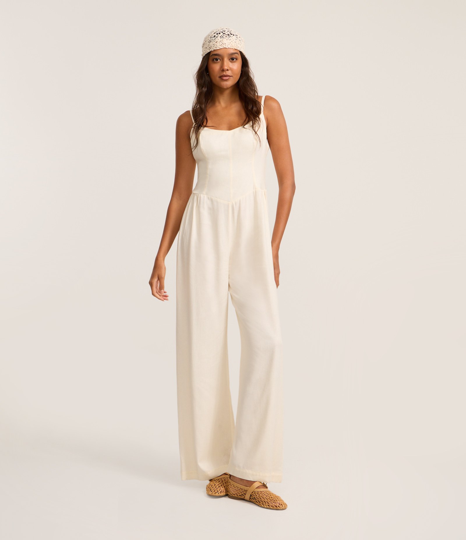 Macacão Pantalona em Viscolinho com Busto Corsetado Off White 1