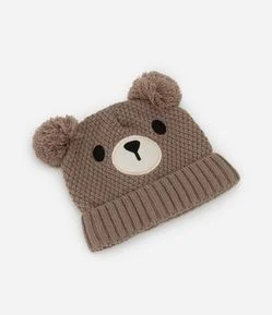 Touca Infantil em Efeito Tricô com Carinha de Urso – Tam 0 a 12 Meses