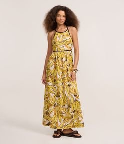 Vestido Long Midi Frente Única com Estampa de Bananas