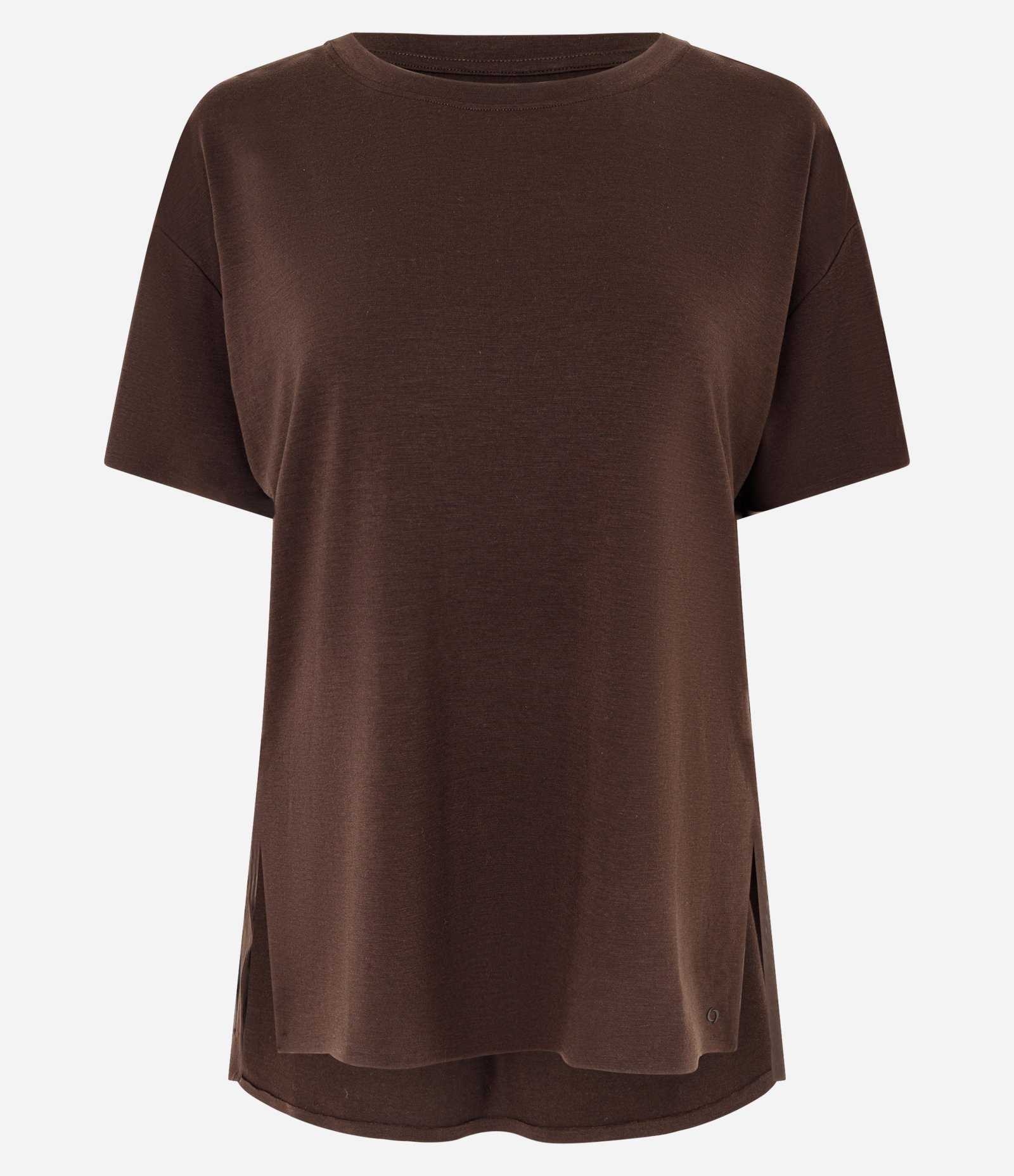 Camiseta Regular em Microfibra Ampla com Fendas Laterais Marrom 4