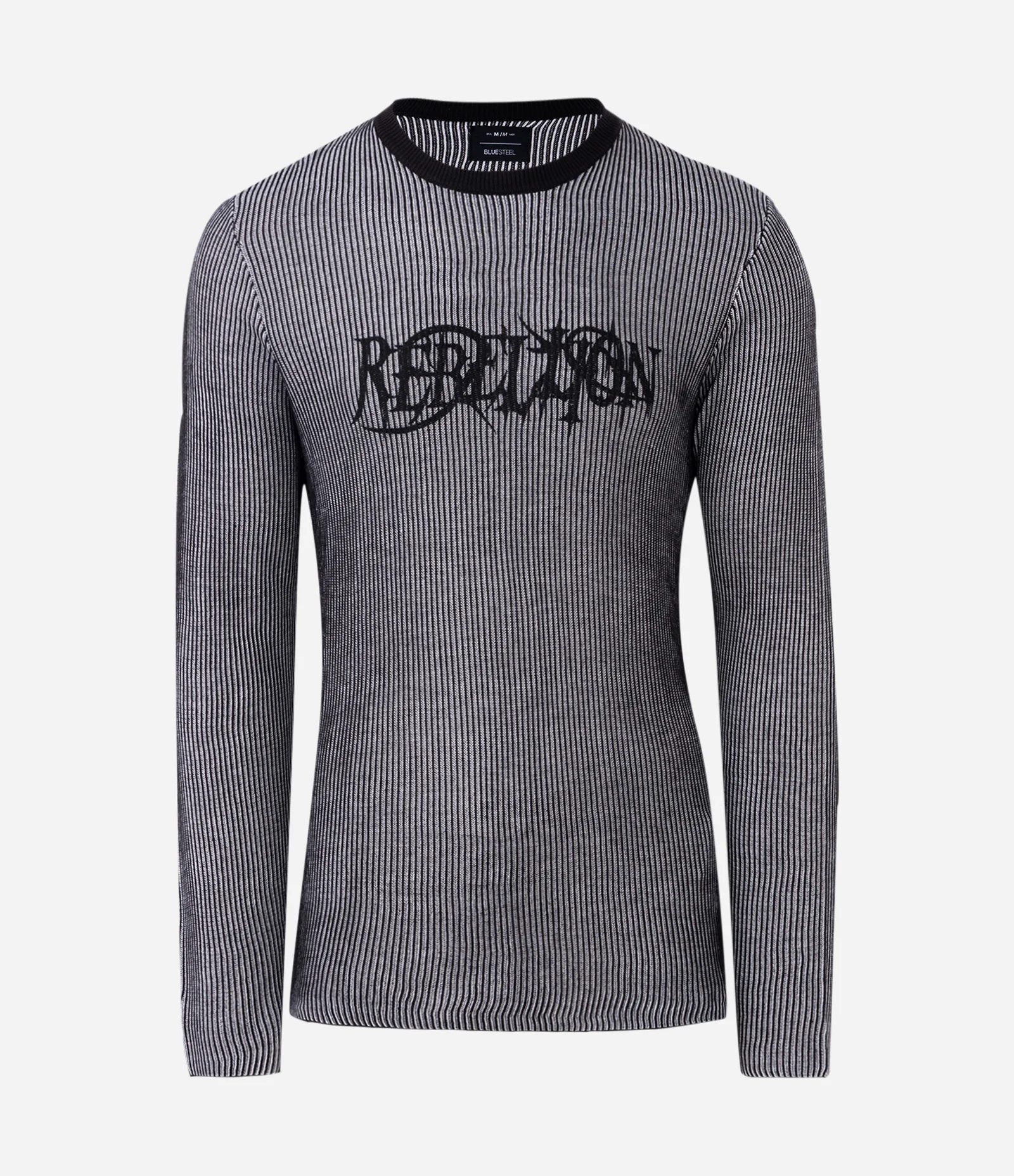 Suéter em Tricô Listrado com Lettering Rebellion Preto 1