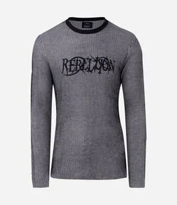 Suéter em Tricô Listrado com Lettering Rebellion