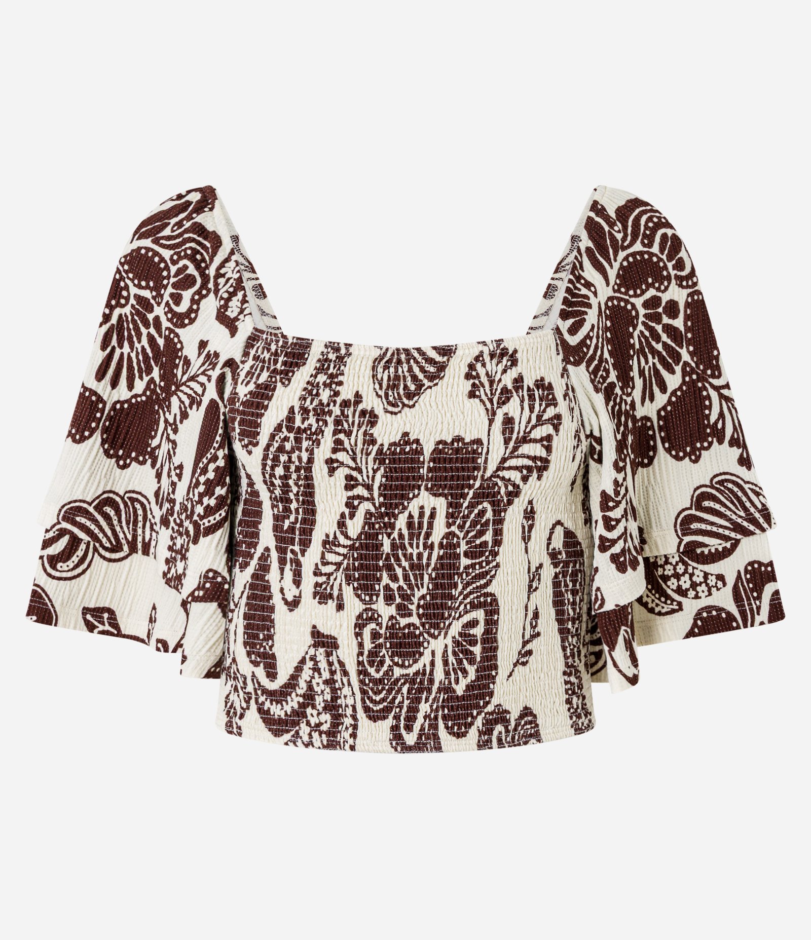 Blusa Cropped com Textura e Estampa Flora Bicolor Bege/Marrom 1
