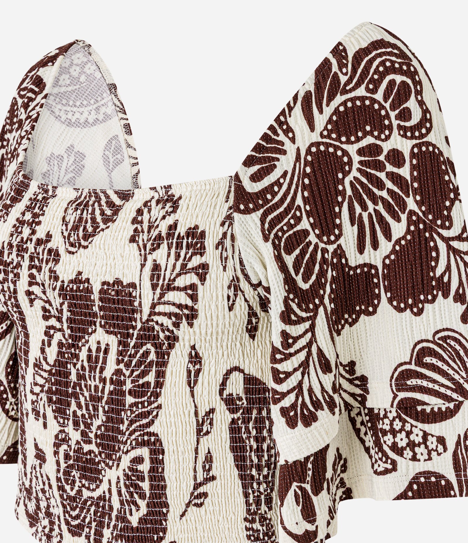 Blusa Cropped com Textura e Estampa Flora Bicolor Bege/Marrom 2