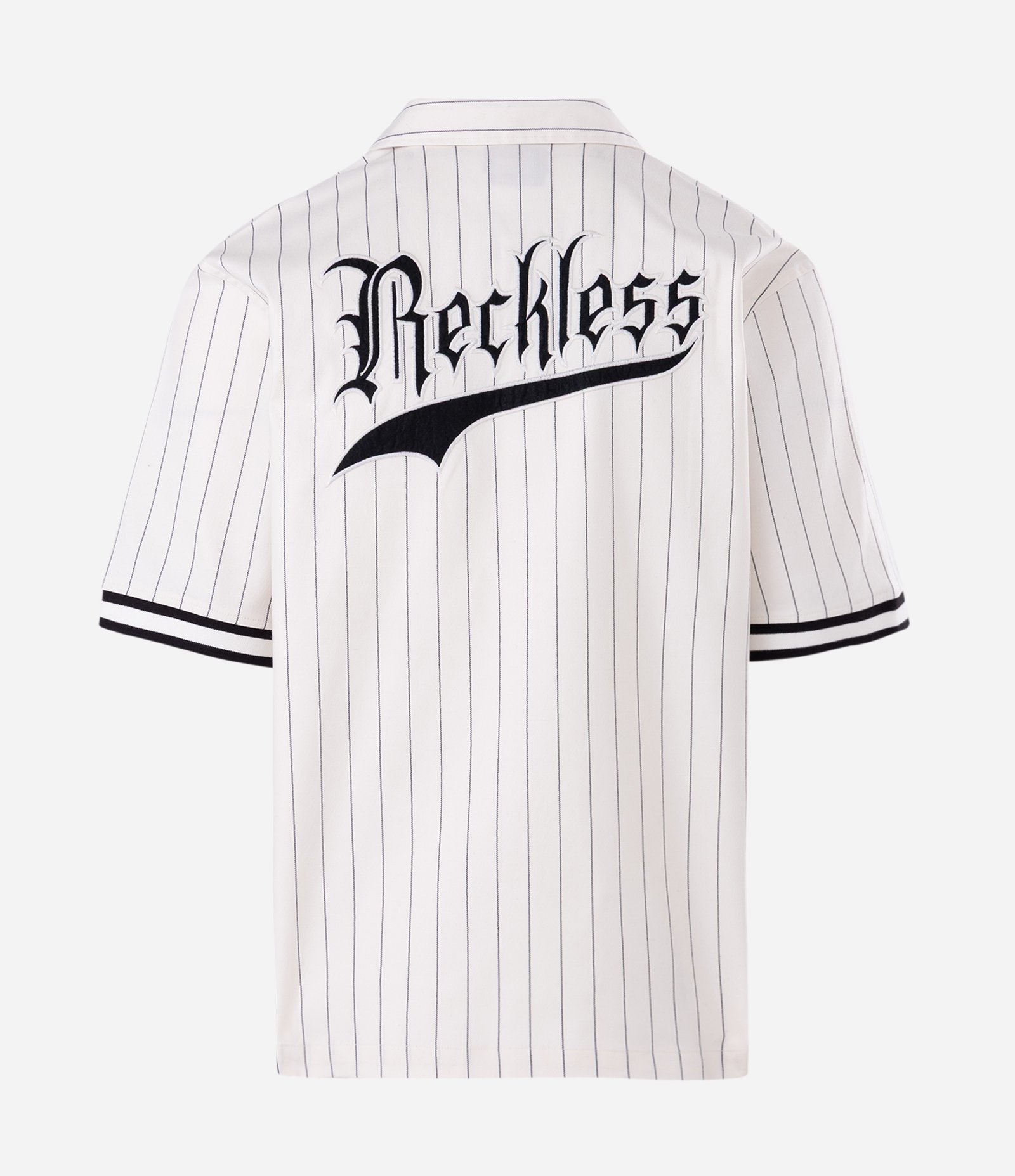 Camisa Baseball Listrada em Microfibra com Lettering Reckless Branco 6