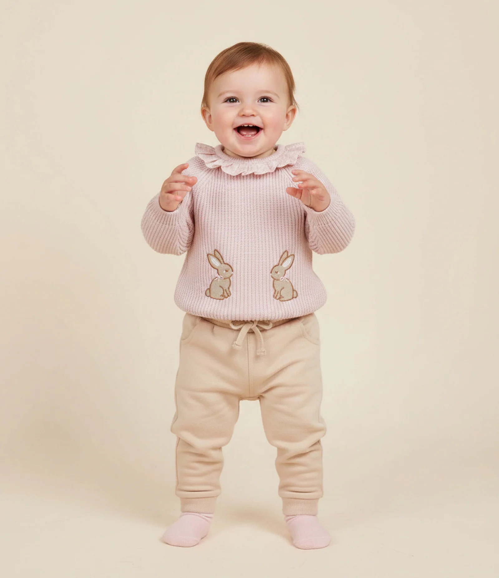 Blusa Infantil em Tricô com Gola Babado e Bordado de Coelho – Tam RN a 18 Meses Rosa 1