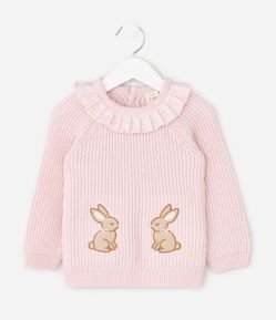 Blusa Infantil em Tricô com Gola Babado e Bordado de Coelho – Tam RN a 18 Meses