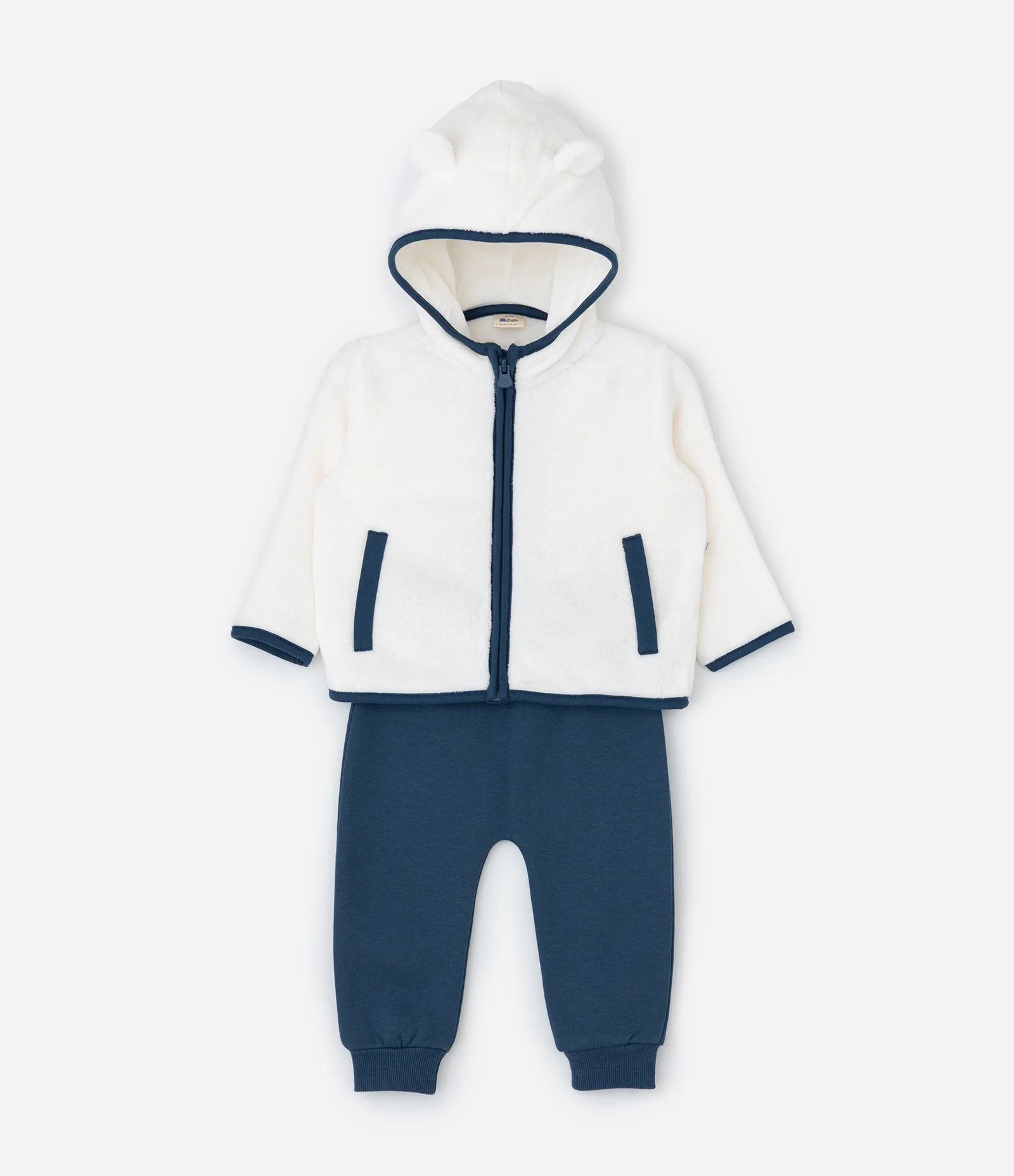 Conjunto Infantil Casaco com Capuz e Calça Bordado de Urso – Tam 0 a 18 Meses Branco/Azul 1