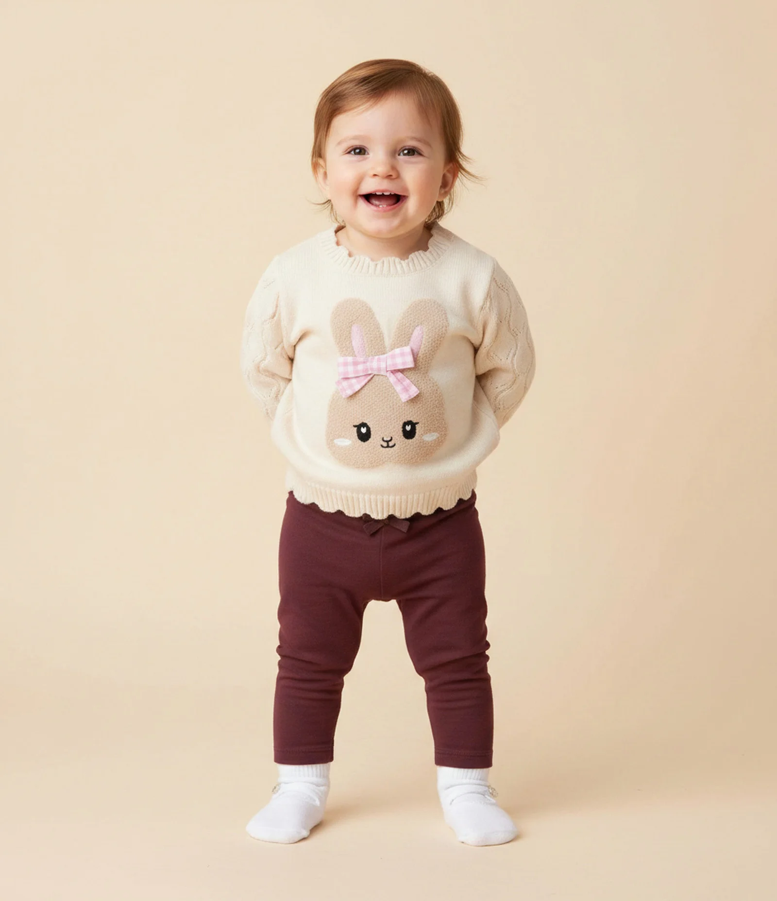 Suéter Infantil em Jacquard com Lacinho Aplicado - Tam RN a 12 Meses Bege Claro 1