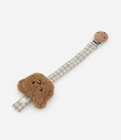 Prendedor de Chupeta Infantil com Carinha de Urso e Tira Vichy – Tam U