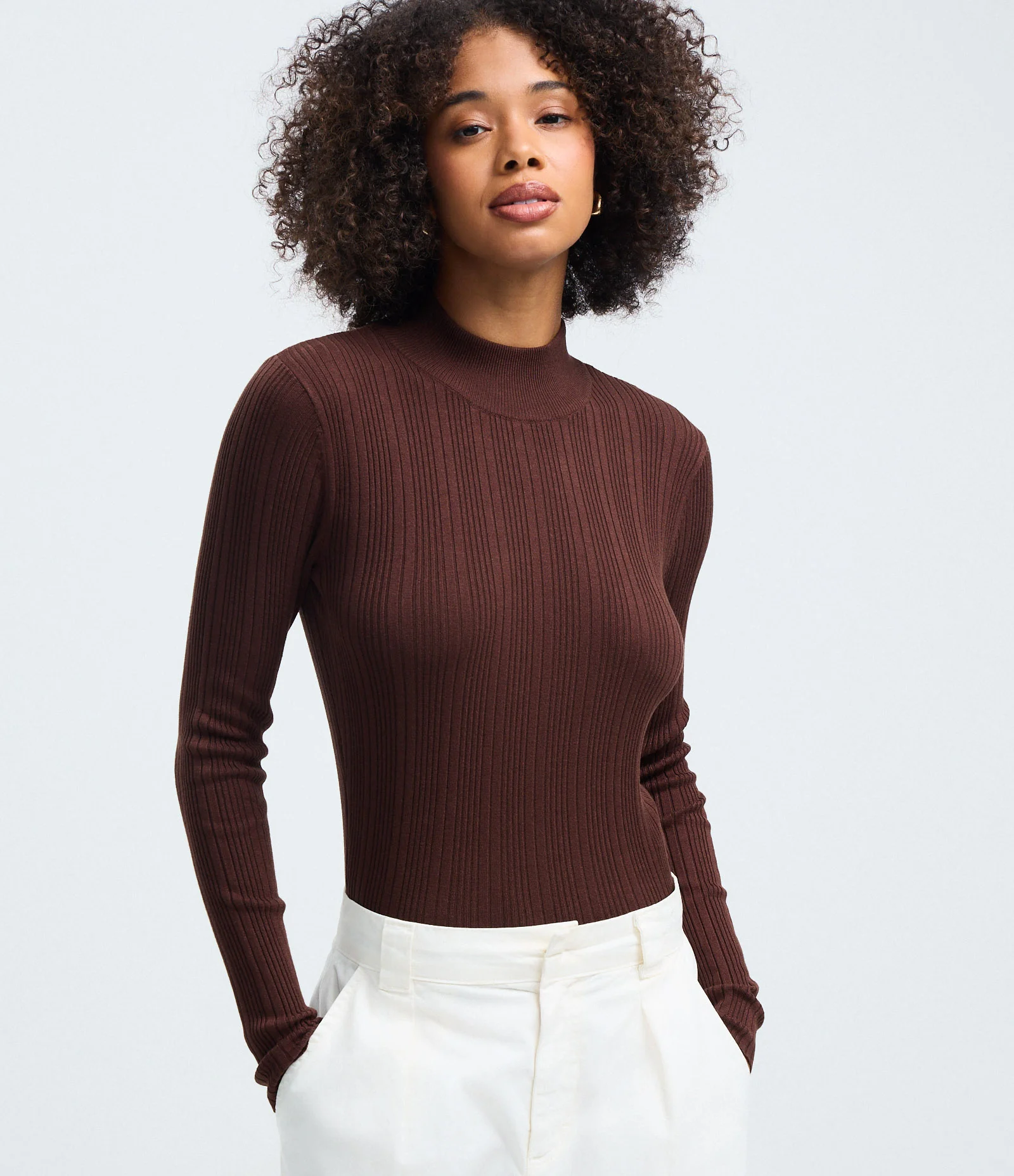 Blusa Retilínea Tricô com Gola Alta Adulto Marrom 1