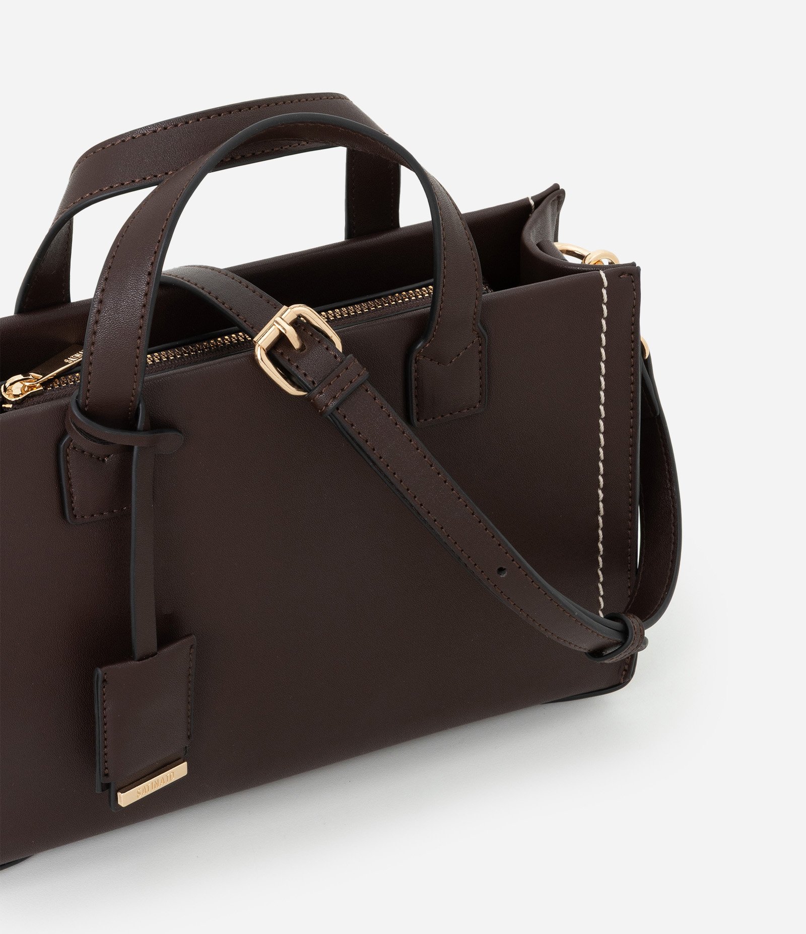 Bolsa Satchel Média com Alça Longa e Detalhes Metalizados Marrom 5