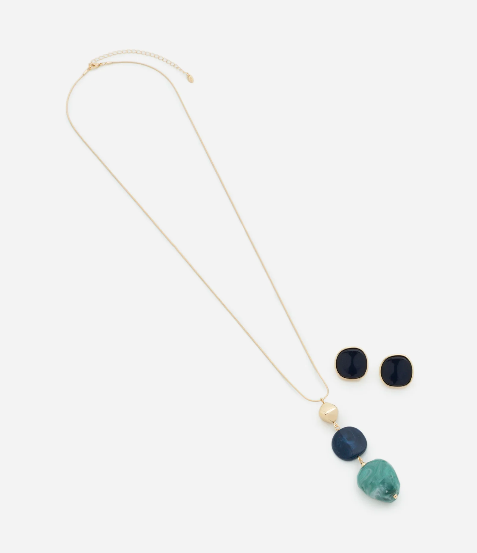 Conjunto de Colar com Pingentes Circulares em Resina e Brinco Botão Dourado 2