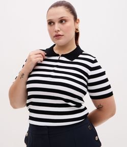 Blusa em Tricô com Listras e Gola Polo Curve & Plus Size