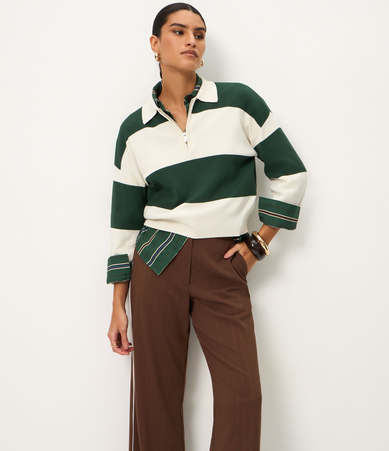 Calça Reta em Alfaiataria com Listras Fio Tinto Marrom 4