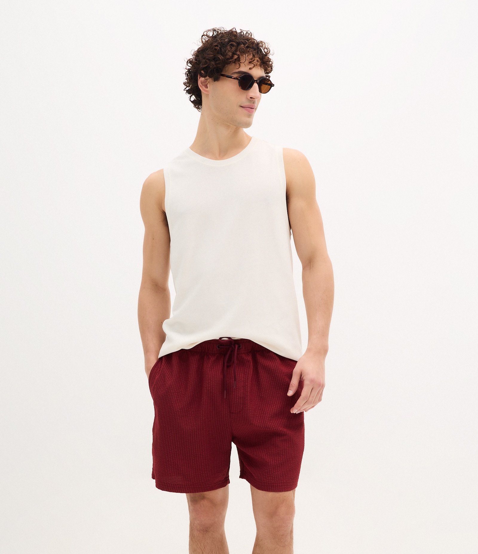 Bermuda de Praia em Anarruga com Textura Vermelho 4