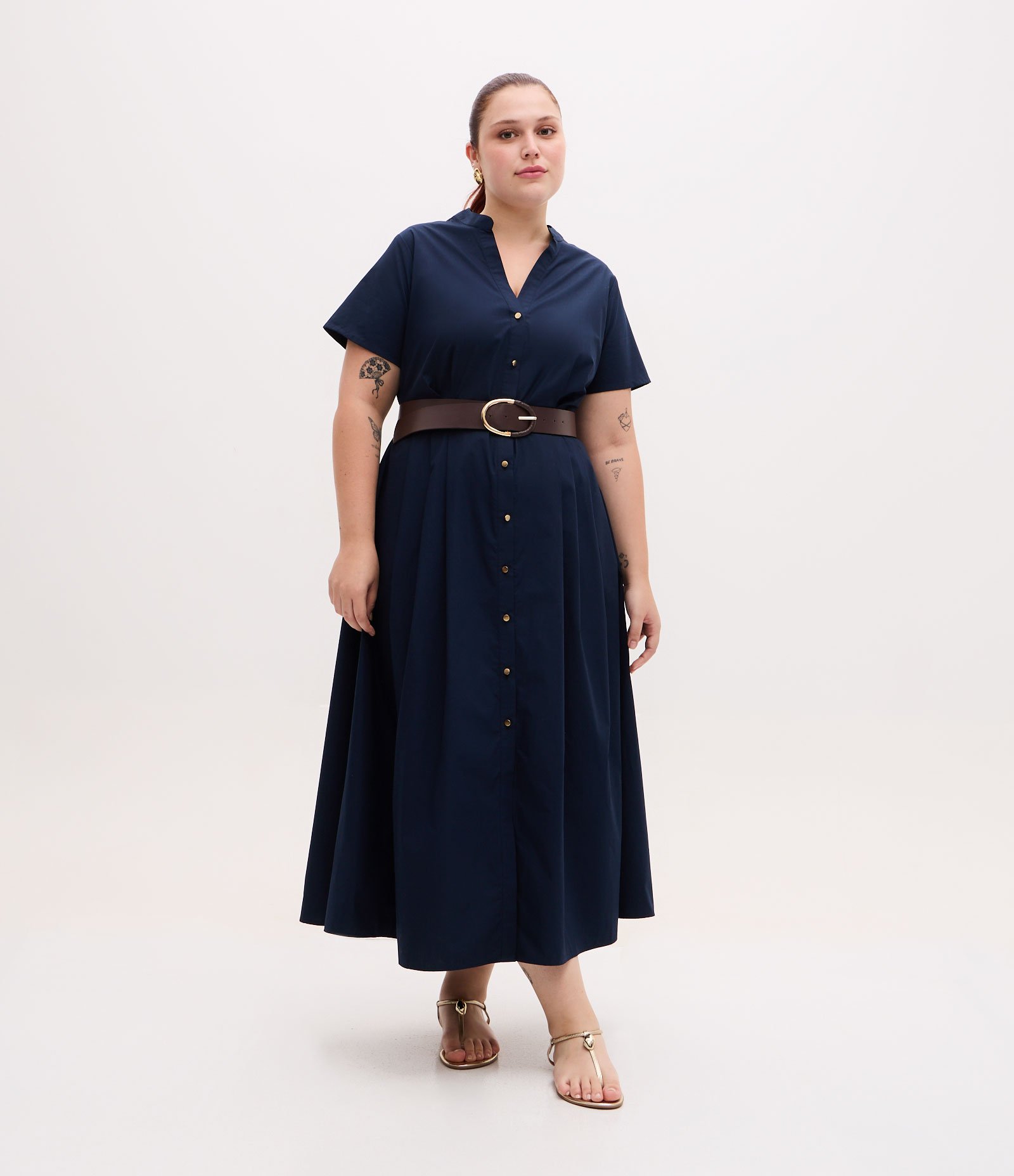 Vestido Chemise Midi com Gola Padre e Cinto Curve & Plus Size Azul 1