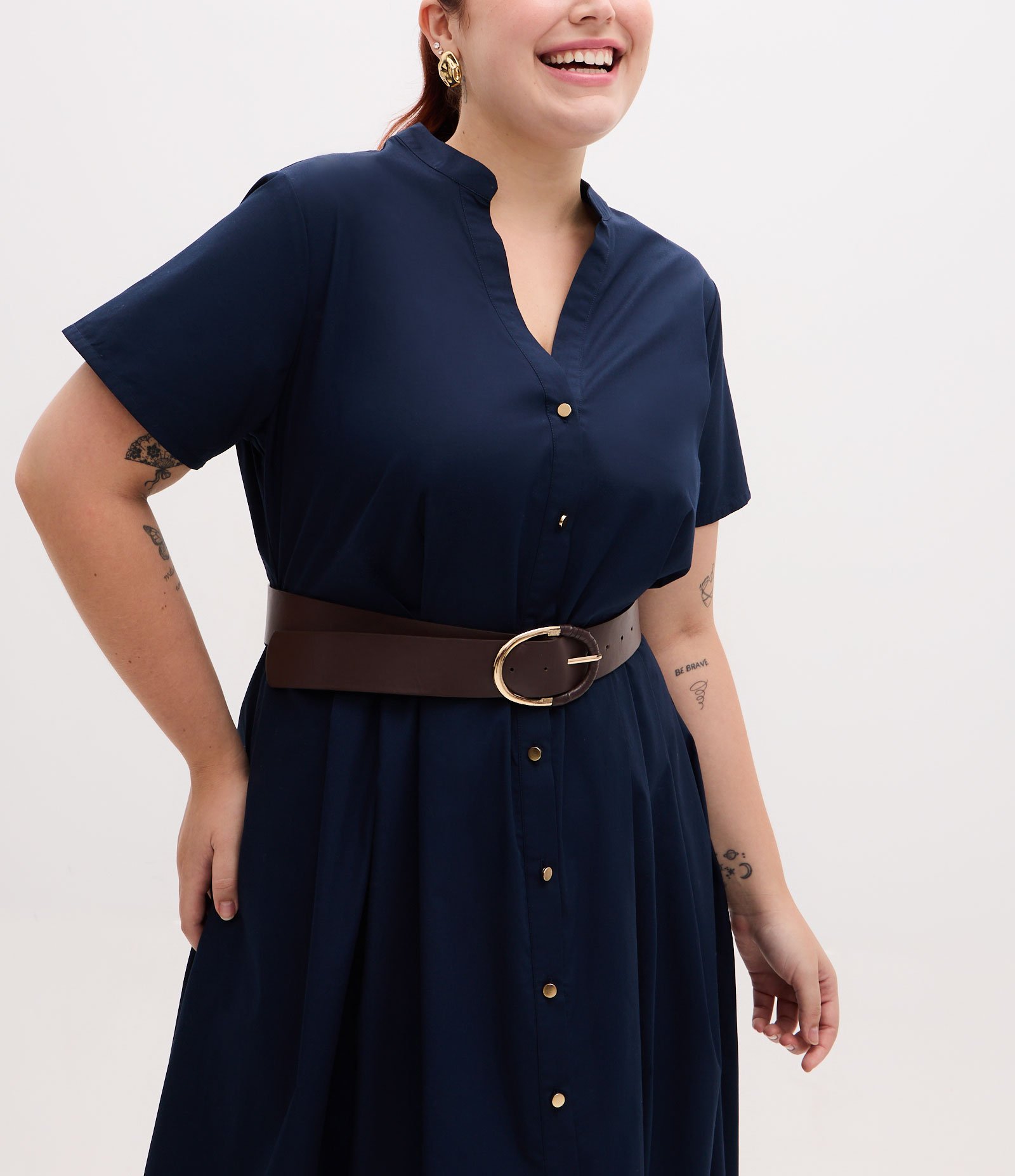 Vestido Chemise Midi com Gola Padre e Cinto Curve & Plus Size Azul 3