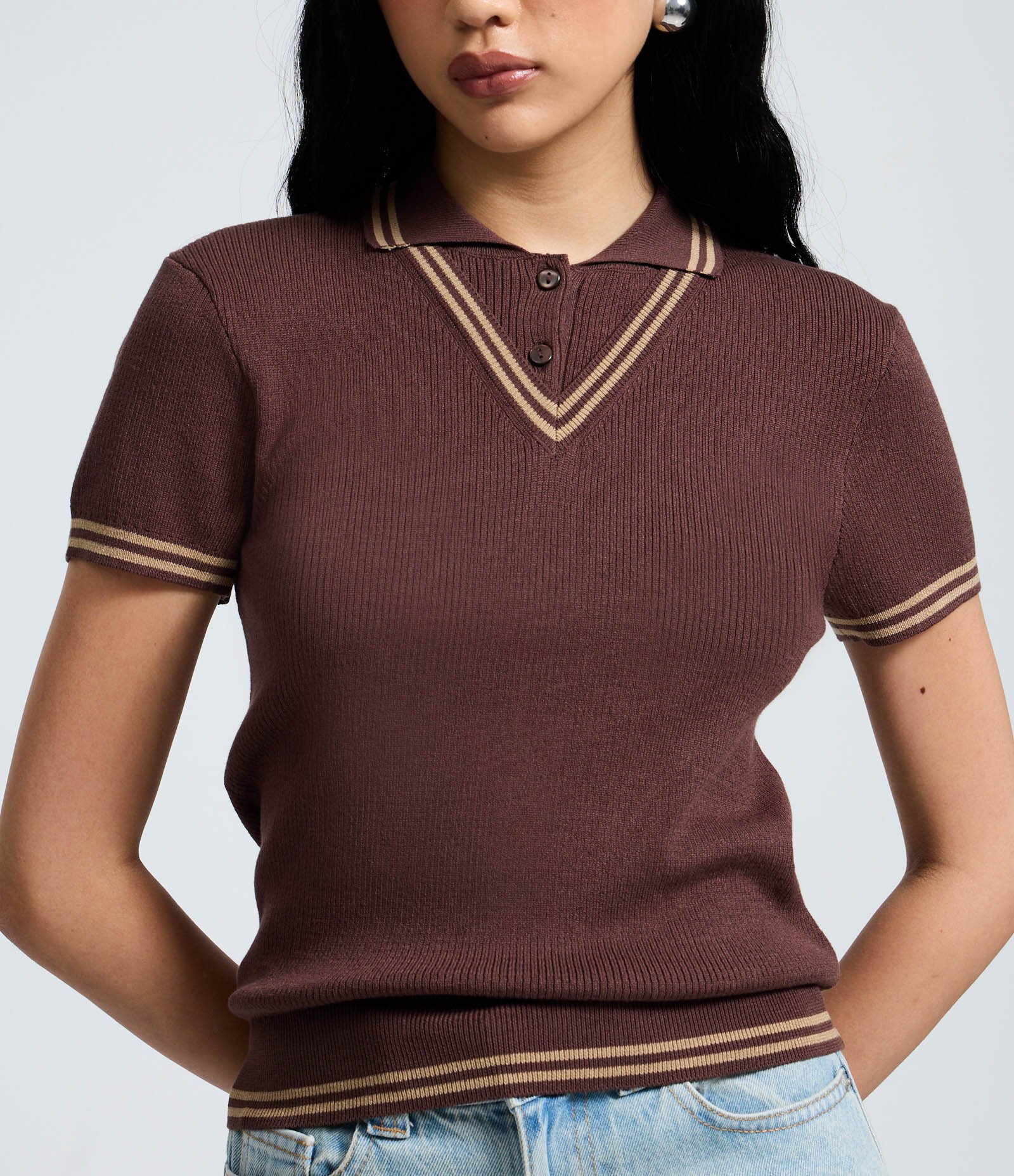 Blusa Gola Polo em Tricô Texturizado com Viés Contrastante Marrom 3