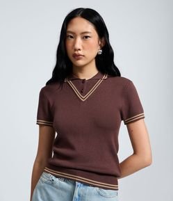 Blusa Gola Polo em Tricô Texturizado com Viés Contrastante