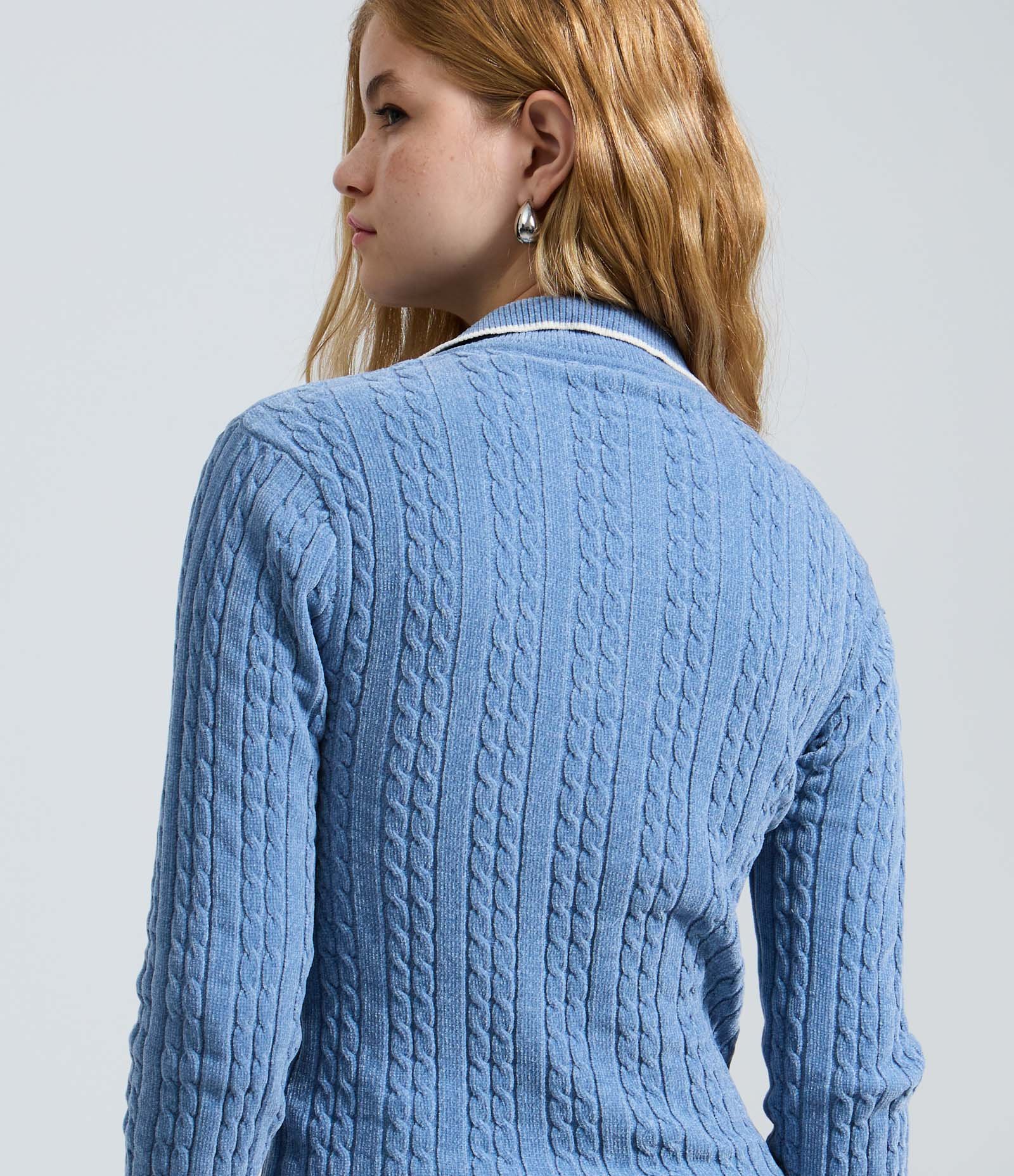 Blusa Texturizada em Tricô Com Gola Polo Azul 4