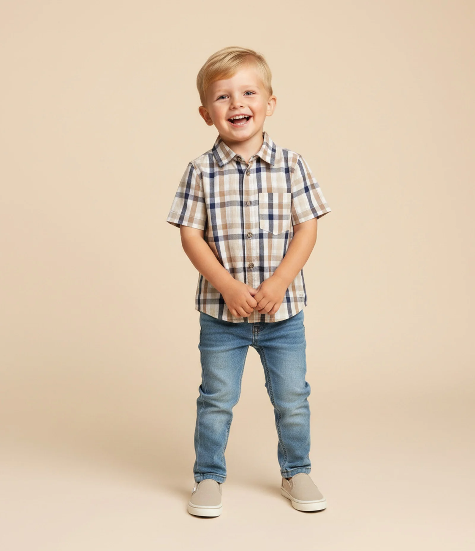 Camisa Infantil em Flanela com Estampa Xadrez – Tam 1 a 6 Anos Bege/Azul/Marrom 1