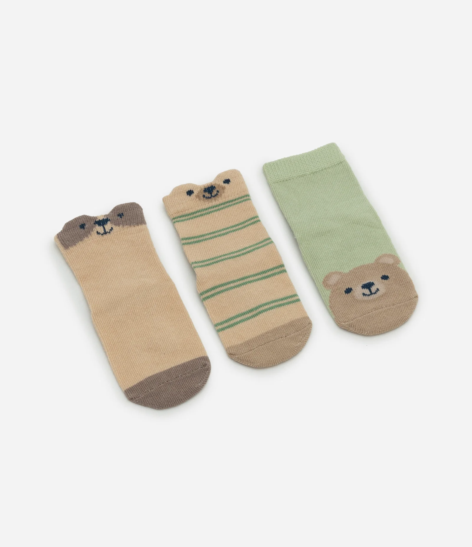 Kit 03 Meias Infantis em Algodão com Bichinhos – Tam RN a 12 Meses Bege/Verde 1